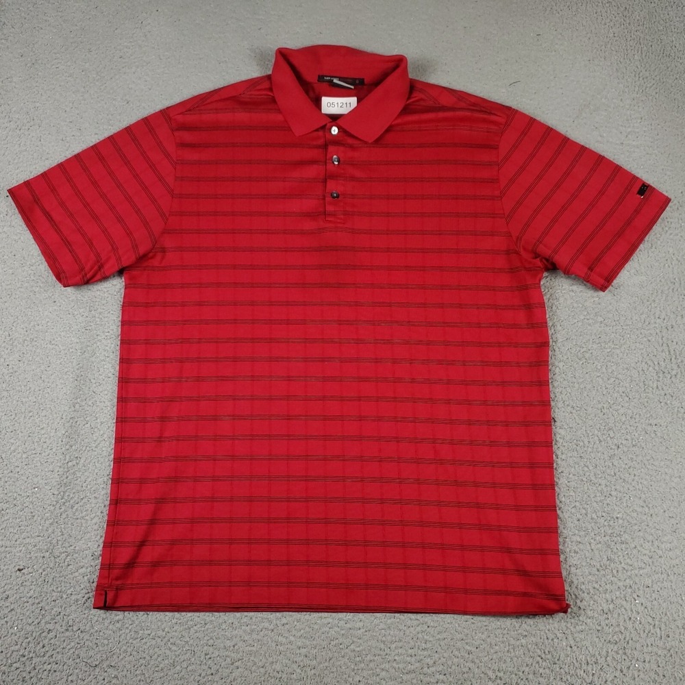 Nike Polo Shirt Mens Large Red Striped Tiger Woods Cotton Short Sleeve *